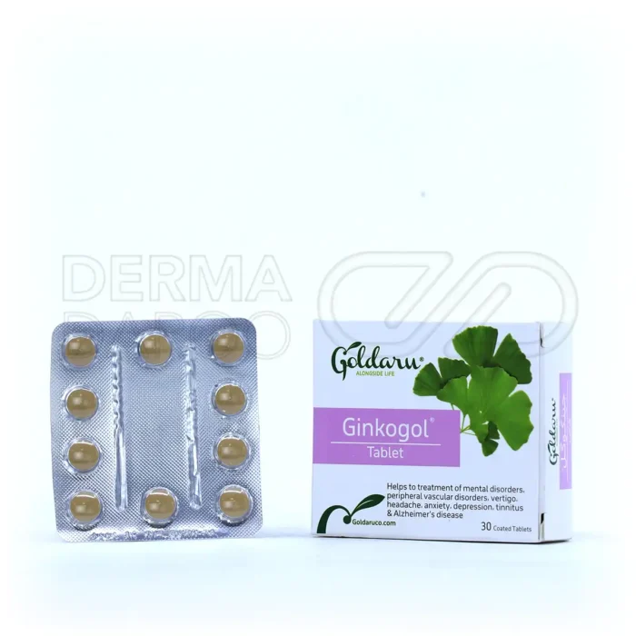 goldaru-ginkogol-tabs (1) قرص جینکوگل گل دارو در بستهبندی، حاوی 40 میلیگرم عصاره جینکوبیلوبا، بهبود حافظه و گردش خون مغزی