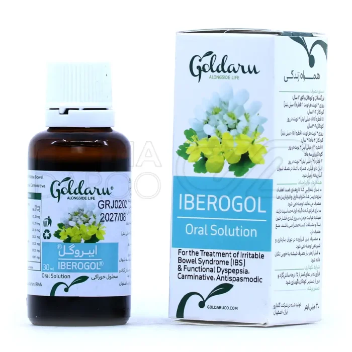 قطره ایبروگل گل دارو در بطری تیره، حاوی عصاره آیبریس و نعناع فلفلی، ضد نفخ و تسکین IBS