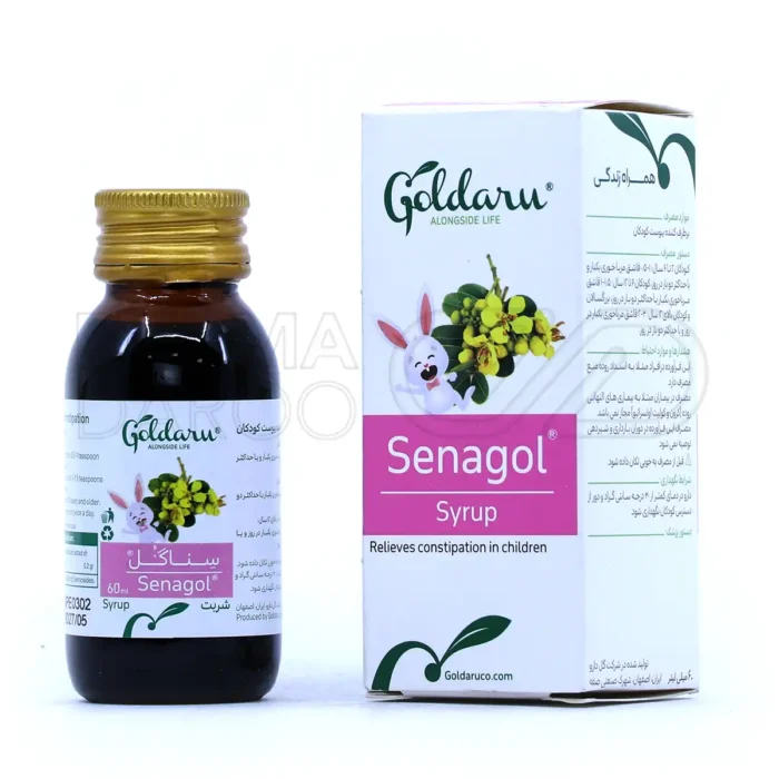 شربت سناگل گل دارو در بطری تیره، حاوی عصاره سنا و سنوزیدهای A و B، ملین کودکان با طعم شکلات