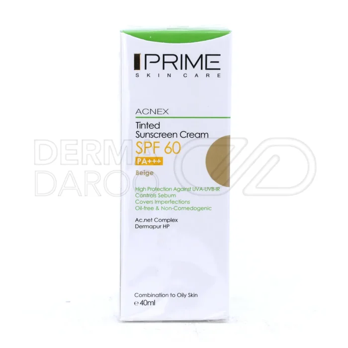 بسته بندی کرم ضد آفتاب رنگی پرایم SPF60 در تیوب شیک با سه رنگ بژ برنز و روشن، بافت ابریشمی فاقد چربی و محافظت طولانی از پوست