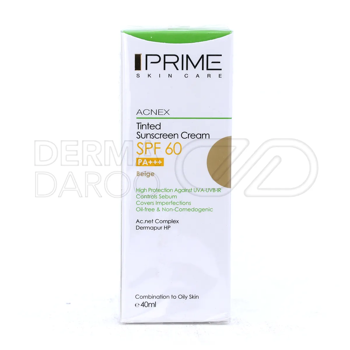 بسته بندی کرم ضد آفتاب رنگی پرایم SPF60 در تیوب شیک با سه رنگ بژ برنز و روشن، بافت ابریشمی فاقد چربی و محافظت طولانی از پوست