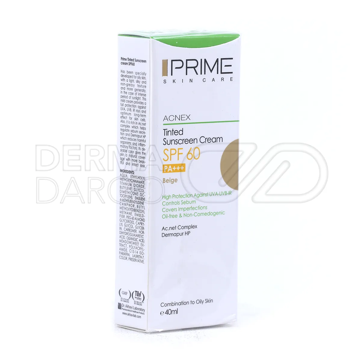 کرم رنگی پرایم SPF60 با بافت سبک ابریشمی، مهار غدد چربی و پوشش سه رنگ بژ طبیعی، ایده آل برای پوست چرب و حساس