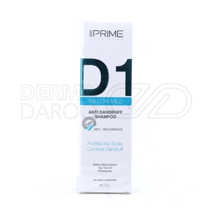 بسته بندی شامپو ضدشوره ویلو مایلد پریم در بطری شیک، حاوی سالیسیلیک اسید و روغن درخت چای برای رفع شوره و خارش