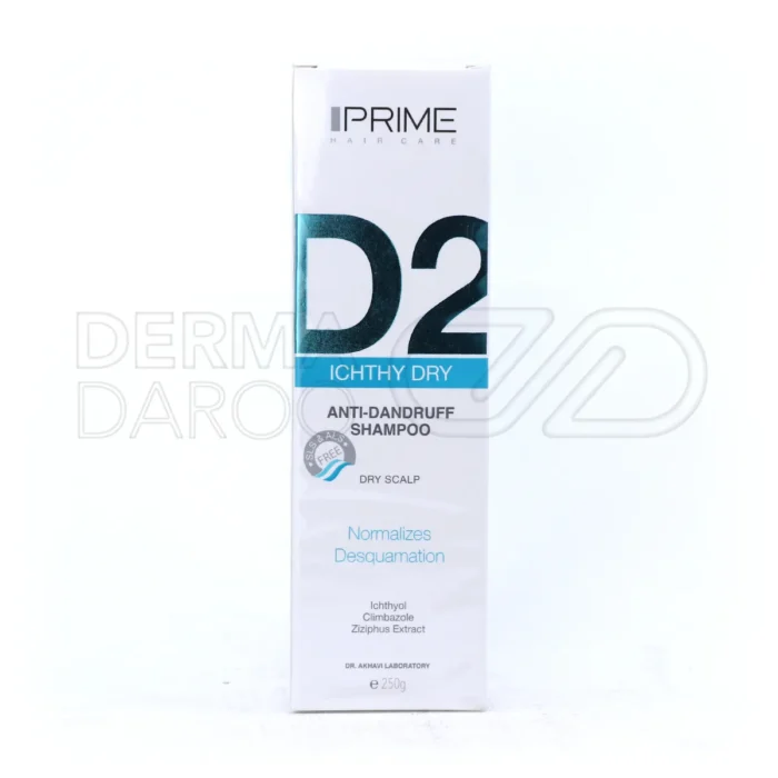 prime-d2-anti-dandruff-dry-scalp-shampoo (1) بسته بندی شامپو ضد شوره D2 پریم در بطری شیک، حاوی ایکتیول و کلیمبازول برای درمان شوره خشک و کاهش التهاب پوست سر