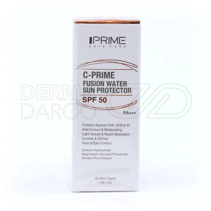 prime-fusion-water-spf50-sunscreen-fluid (1) بطری ضد آفتاب فیوژن واتر پرایم با طراحی شیک، حاوی سدیم هیالورونات و ویتامین C برای آبرسانی و محافظت پوست
