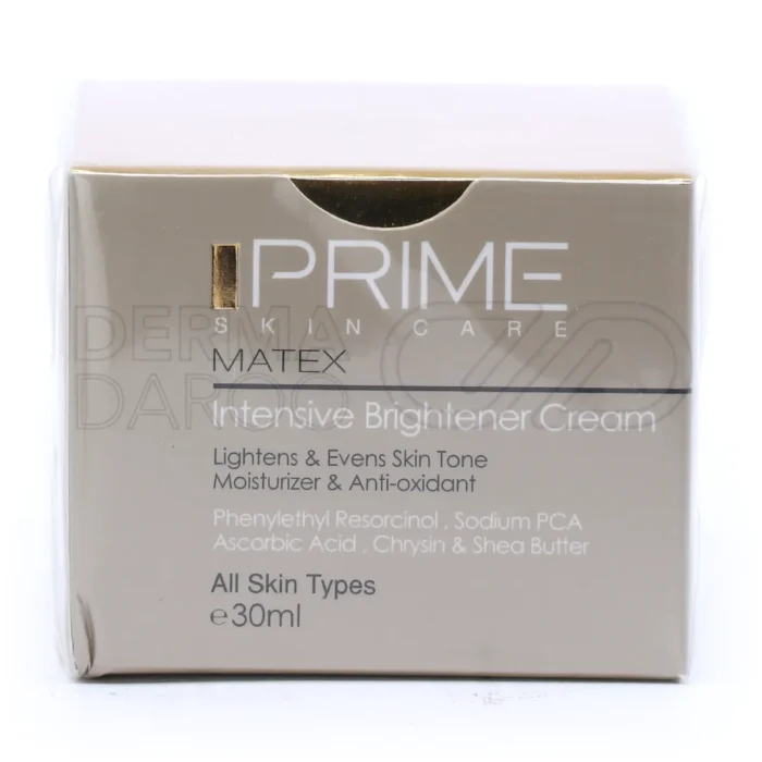 بسته بندی کرم روشن کننده پرایم در تیوب شیک، حاوی فنیل اتیل رزورسینول و ویتامین C برای کاهش لک و جوانسازی پوست