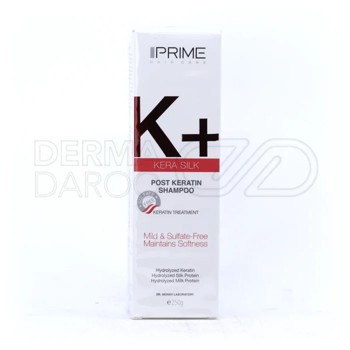 prime-kplus-kera-silk-post-keratin-shampoo (1) بسته بندی شامپو موهای کراتینه پریم در بطری شیک، حاوی روغن آرگان و ماکادمیا برای محافظت و رطوبت موهای کراتینه