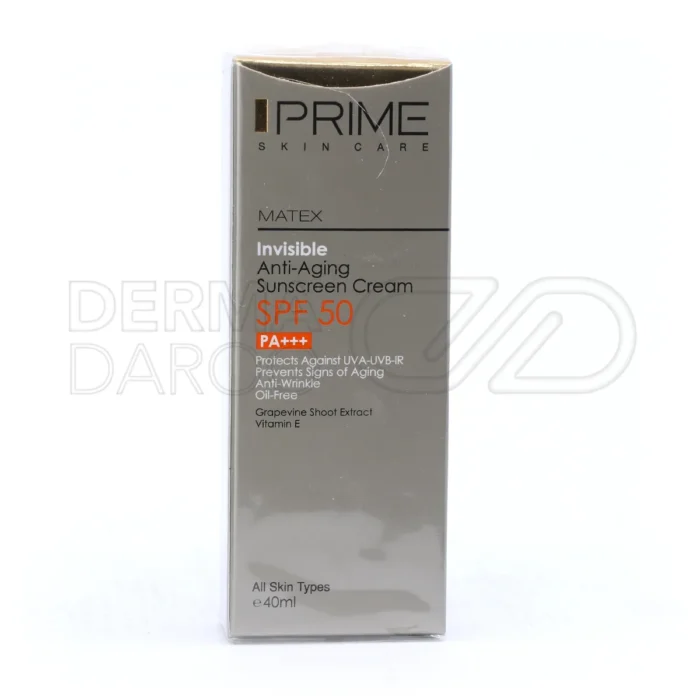 بسته بندی کرم ضد آفتاب پرایم SPF50 در تیوب شیک، فاقد چربی با فیلترهای UVA و UVB برای محافظت کامل پوست