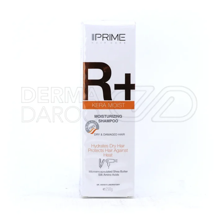 بسته بندی شامپو +R پریم در بطری شیک، حاوی شی باتر و پروتئین گندم برای رطوبت رسانی و ترمیم موهای خشک و شکننده