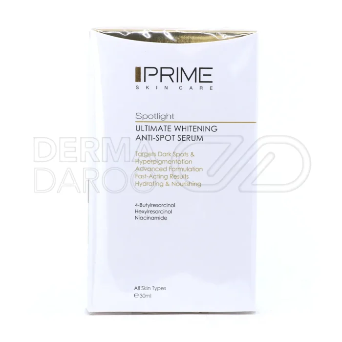 بطری سرم روشن کننده پرایم با طراحی شیک، حاوی نیاسینامید و عصاره آلوئه ورا برای کاهش لک و آبرسانی پوست