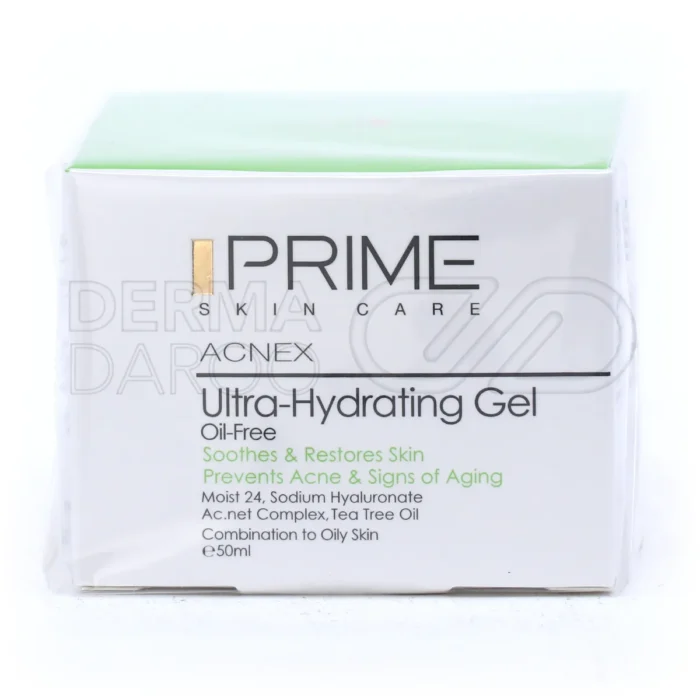 prime-ultra-hydrating-gel-combination-to-oily-skin (1) بسته بندی ژل آبرسان پرایم در تیوب شیک، حاوی روغن درخت چای و سدیم هیالورونات برای مات کردن پوست چرب