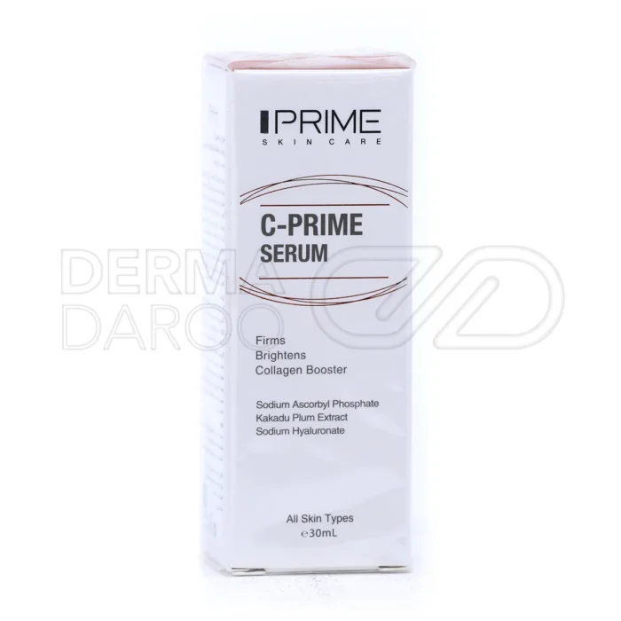 بطری سرم ویتامین C پرایم مدل C-Prime با بسته بندی شفاف و طراحی شیک، حاوی ویتامین E و C برای درمان لک و روشن کردن پوست