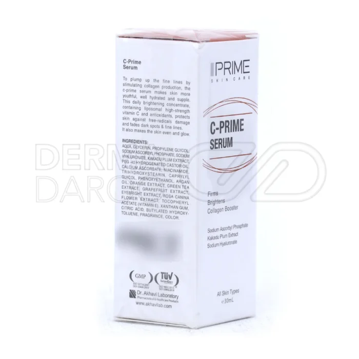 محصول سرم پرایم ویتامین C، حاوی هیالورونات سدیم و روغن آرگان، رطوبت رسانی عمیق، محافظ DNA سلولی و مناسب انواع پوست صورت و گردن
