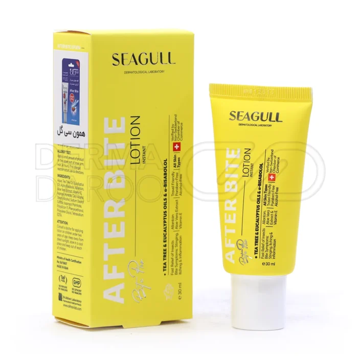 بسته بندی لوسیون سی گل در تیوب سفید با طراحی ساده و شیک، حاوی عصاره آلوئه ورا، اکالیپتوس و روغن درخت چای برای تسکین گزش حشرات