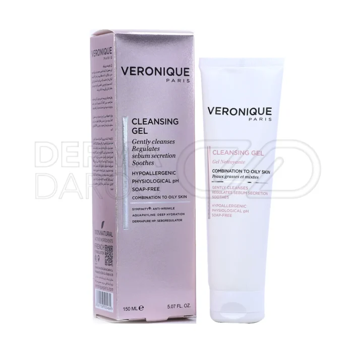 veronique-cleansing-gel-combination-to-oily-skin (1) بسته بندی ژل شوینده ورونیک در بطری شفاف با طراحی مینیمال، مناسب پوست چرب و مختلط برای پاکسازی و آبرسانی عمیق