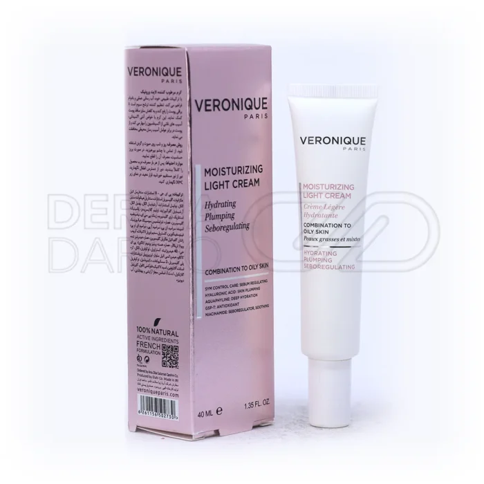 veronique-moisturizing-light-cream-oily-skin (1) بسته بندی کرم مرطوب کننده لایت ورونیک در تیوب سفید و جعبه شیک، مناسب پوست چرب و مختلط با فرمول آبرسان و فاقد پارابن