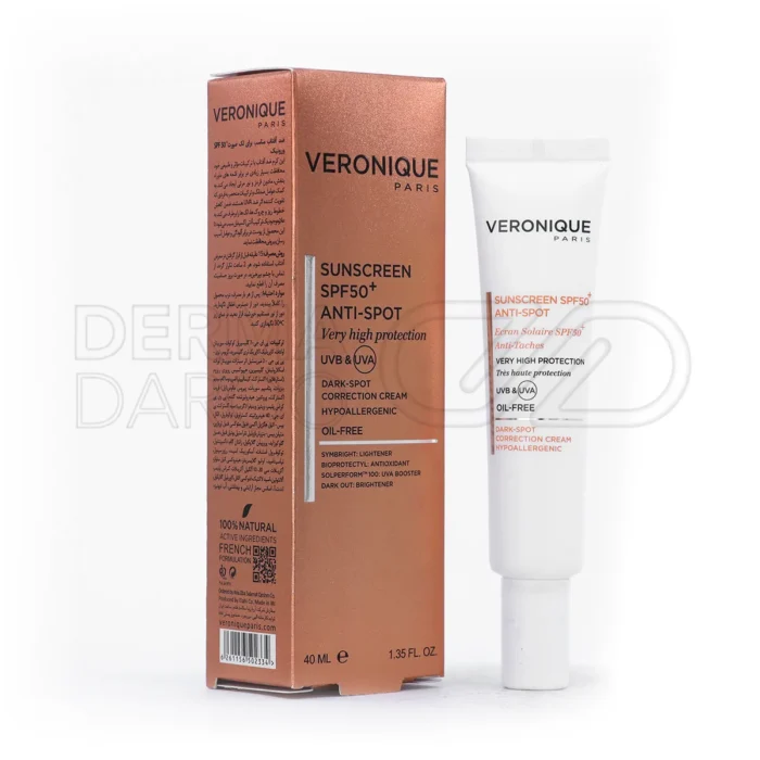 veronique-sunscreen-spf50-anti-spot-cream-oil-free (1) بسته بندی کرم ضد آفتاب ضد لک ورونیک در تیوب سفید و جعبه شیک، فاقد چربی و پارابن برای محافظت و روشن کردن پوست