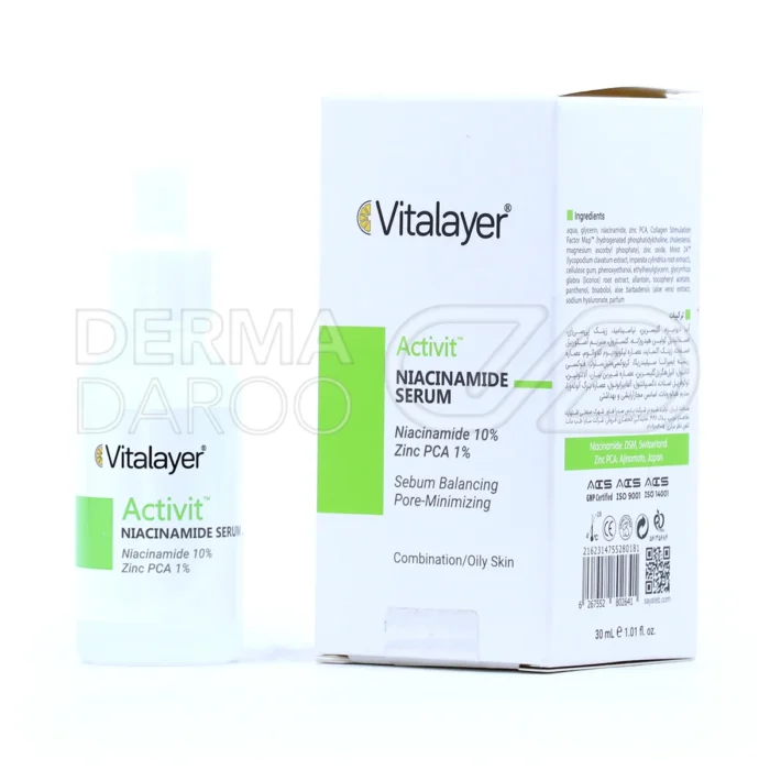 vitalayer-activit-niacinamide-serum (1) بطری سرم ضد جوش نیاسینامید ویتالیر، حاوی زینک و آلوئه ورا، کنترل چربی، ضد لک، جمع کننده منافذ، مناسب پوست چرب