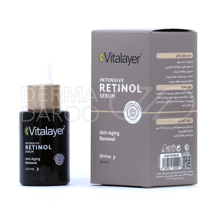 سرم ضد چروک رتینول ویتالایر در بطری قطره‌چکان، حاوی 0.3% رتینول، آلوئه ورا، ضد چروک و شفاف کننده