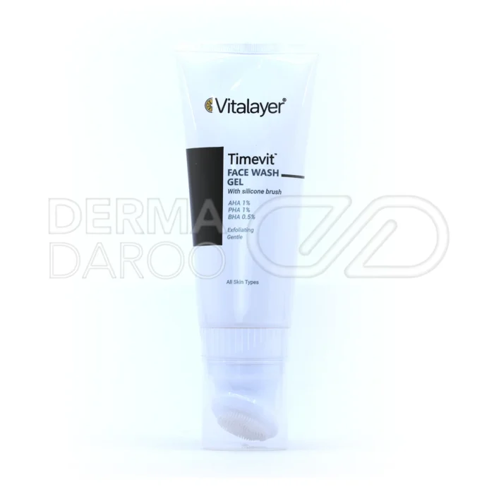 vitalayer-timevit-face-wash-gel (1) ژل شستشو ویتالایر تایم ویت در تیوب با براش سیلیکونی، فاقد صابون، حاوی آلفا هیدروکسی اسید، مناسب انواع پوست