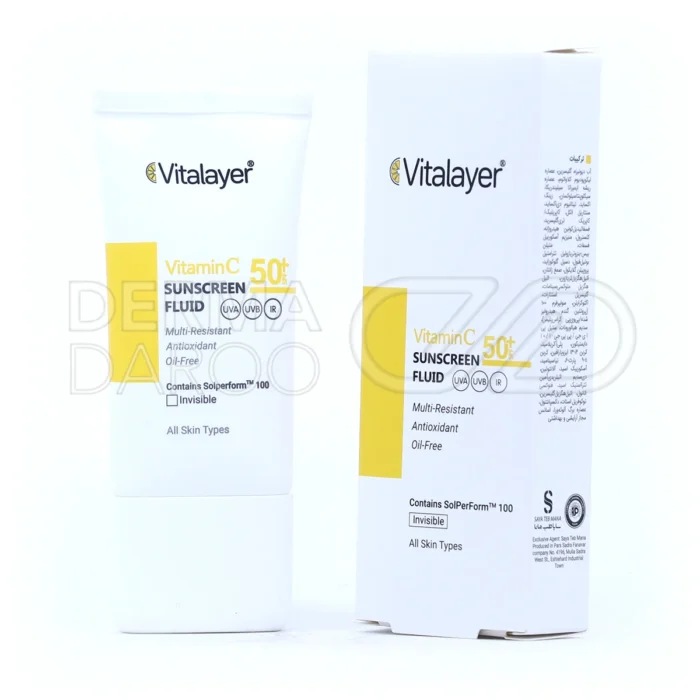 بطری فلویید ضد آفتاب SPF50 ویتالیر، حاوی ویتامین C و زینک اکسید، محافظ UVA و UVB، فاقد چربی، پوشش مات