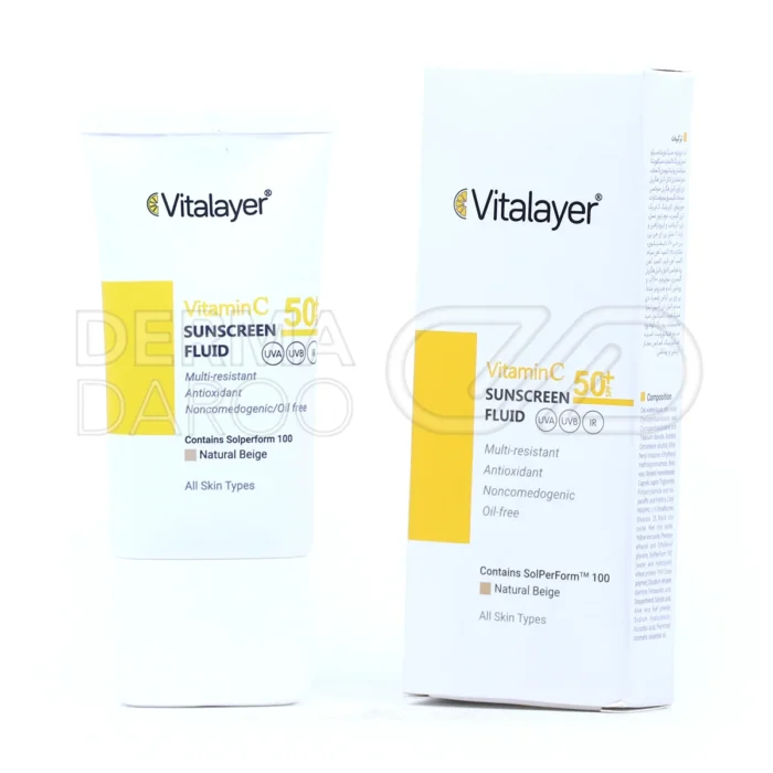 vitalayer-vitamin-c-spf50-tinted-sunscreen-fluid (1) بطری فلویید ضد آفتاب SPF50 بژ طبیعی ویتالیر، حاوی ویتامین C، محافظ UVA و UVB، فاقد چربی، پوشش مات، مناسب انواع پوست
