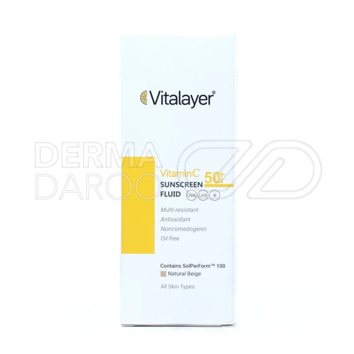 فلویید SPF50 بژ طبیعی ویتالیر با زینک اکسید، محافظ UVA و IR، فاقد چربی، مقاوم به تعریق، پوشش مات