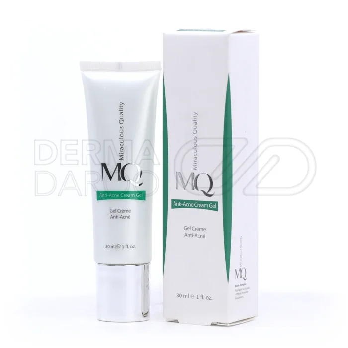 mq-anti-acne-gel-cream (1) تیوب کرم ژل ضد جوش ام کیو با بسته بندی سفید و سبز، مناسب پوست چرب، ضد آکنه و کوچک کننده منافذ با اثر آنتی باکتریال