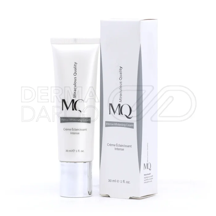 mq-intense-whitening-cream (1) بسته بندی کرم ضد لک ام کیو در تیوب سفید با طراحی ساده، حاوی هیدروکینون برای روشن کردن سریع پوست و درمان لک های مقاوم