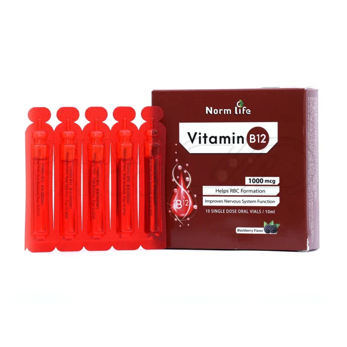 بسته 10 ویال ویتامین B12 1000 میکروگرم نورم لایف، تقویت گلبول‌های قرمز، بهبود سیستم عصبی، مناسب گیاهخواران
