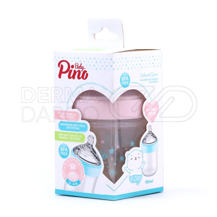 شیشه شیر 150 میلی لیتر پینو، سرشیشه slow با 3 سوراخ سیلیکونی، مناسب 0 تا 6 ماه، فاقد بی اس پی ای، جلوگیری از کولیک، تغذیه راحت نوزاد