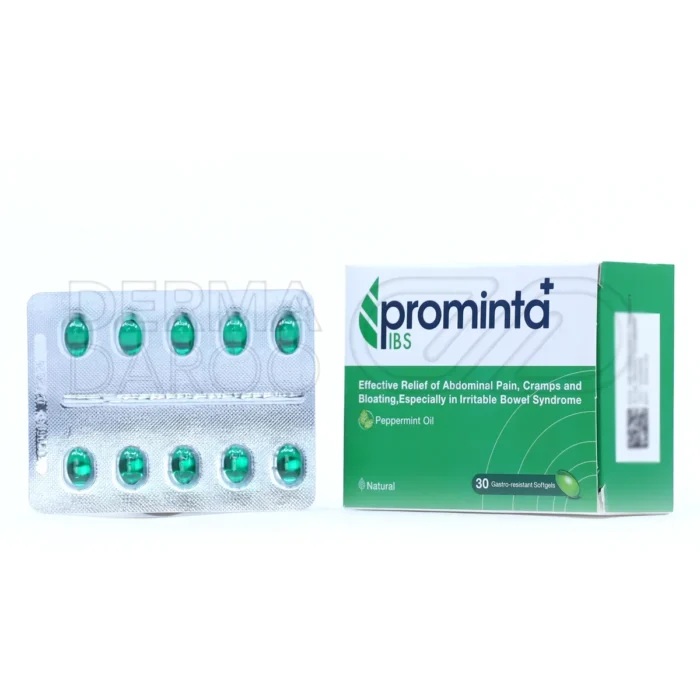 بسته کپسول پرومینتا آی بی اس هیلیا فارمد، حاوی روغن نعنا فلفلی، ضد نفخ، بهبود درد شکمی، مناسب سندرم روده تحریک‌پذیر