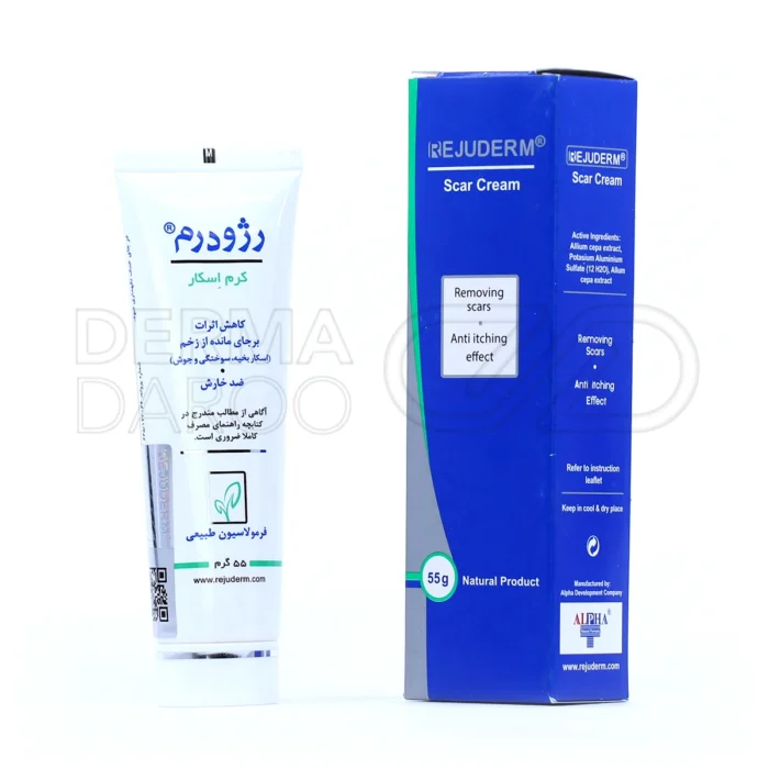 کرم اسکار رژودرم در تیوب سفید حاوی آلانتوئین، ویتامین ای و روغن کنجد برای ترمیم جای جوش، سوختگی و اسکار