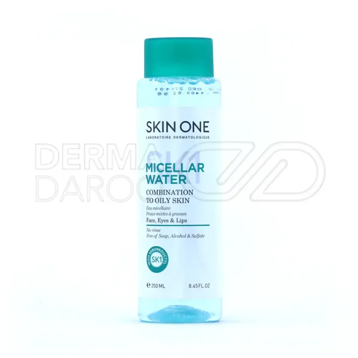 skin-one-micellar-water-oily-skin (1) بطری محلول پاک کننده آرایش اسکین وان، حاوی سبور داکتیل، کنترل چربی، جمع کننده منافذ، مناسب پوست چرب و مختلط