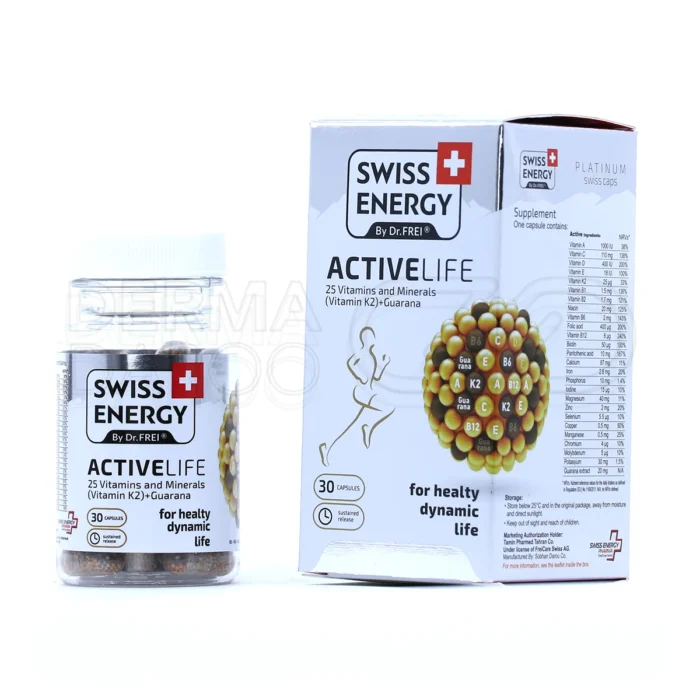 بسته کپسول اکتیو لایف سوییس انرژی، حاوی 25 نوع ویتامین و مینرال، عصاره گوارانا، تقویت سیستم ایمنی، مناسب ورزشکاران
