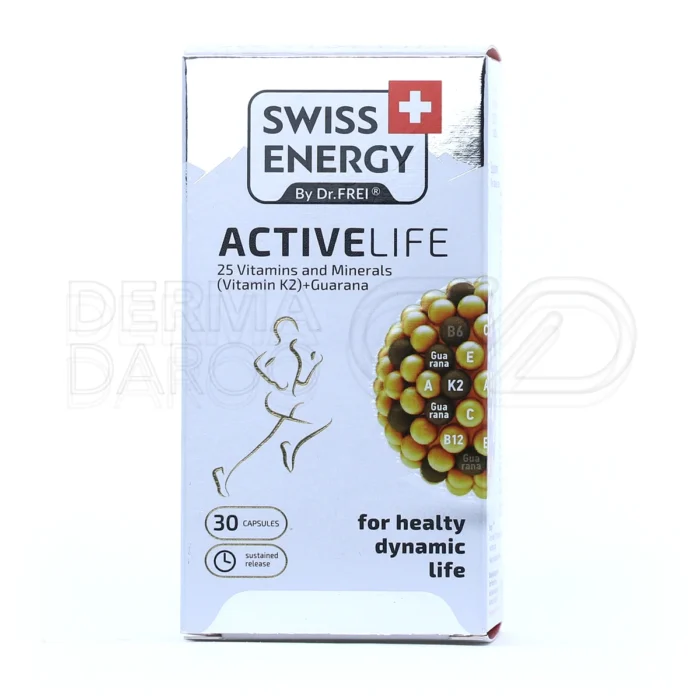 کپسول اکتیو لایف سوییس انرژی، حاوی 20mg عصاره گوارانا، تقویت انرژی، بهبود سلامت عمومی، مولتی ویتامین و مینرال