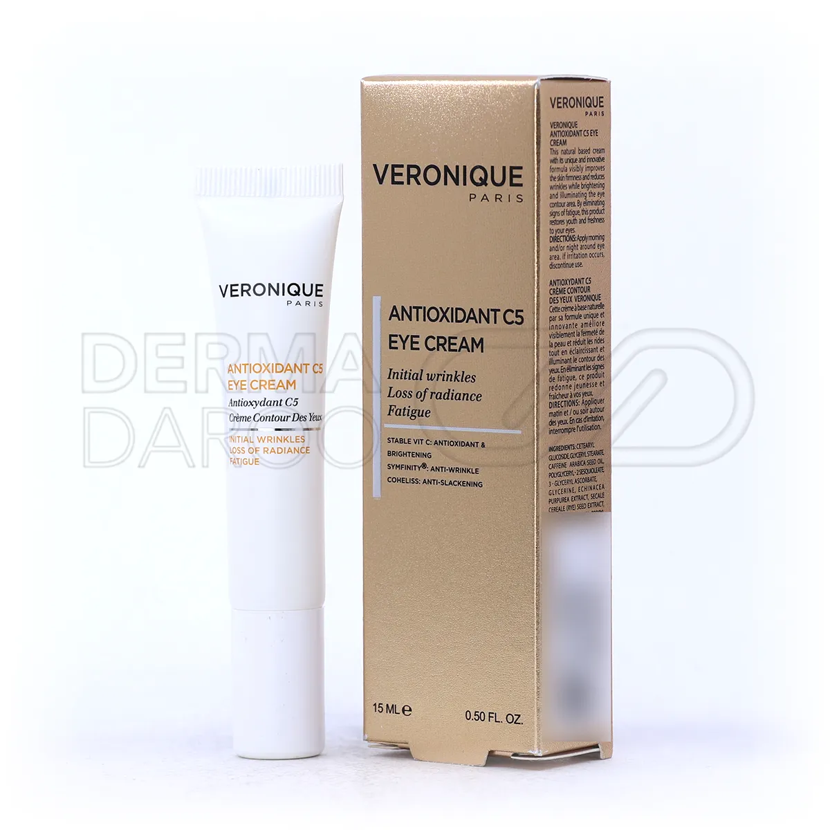 بسته بندی کرم دور چشم ورونیک با ویتامین C5 در تیوب سفید شیک و جعبه مینیمال، حاوی آنتی اکسیدان برای جوانسازی و روشن کردن پوست دور چشم