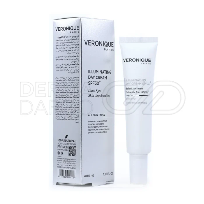veronique-illuminating-day-cream-spf30 (1) بسته بندی کرم ضد لک روز ورونیک با SPF30 در تیوب سفید و جعبه شیک، وگان و بدون پارابن برای محافظت از پوست در برابر آفتاب و لک