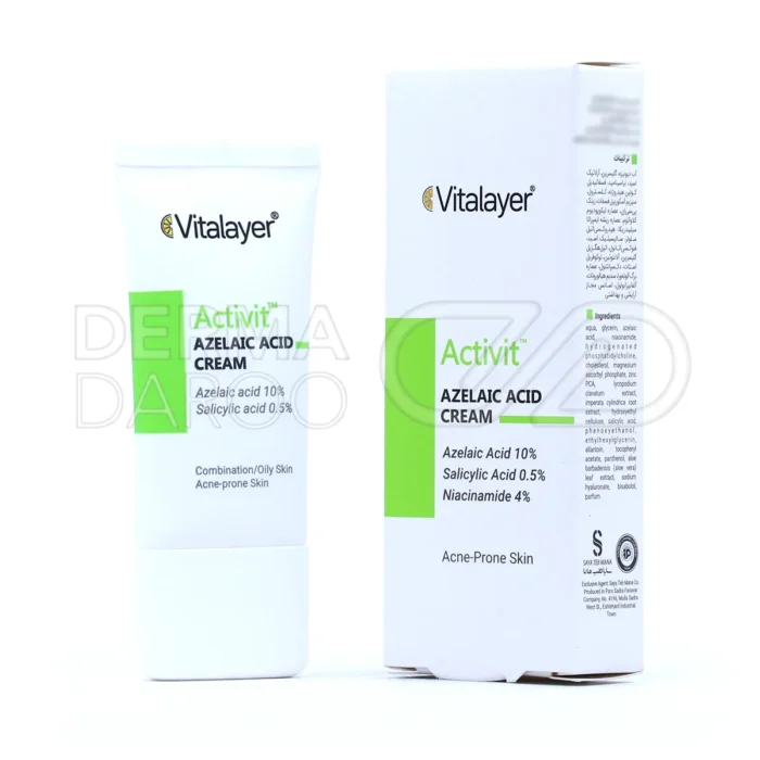 تیوب کرم آزلائیک اسید 10% اکتی ویت ویتالیر، حاوی سالیسیلیک اسید و نیاسینامید، ضد جوش، روشن کننده پوست، مناسب روز