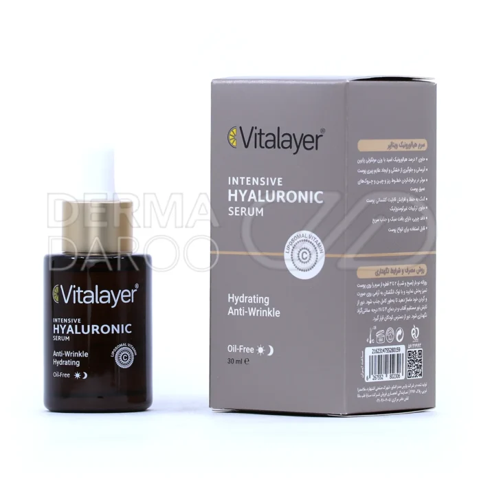vitalayer-intensive-hyaluronic-serum (1) بطری سرم هیالورونیک اسید ویتالیر، حاوی ویتامین B5 و C، آبرسان قوی، ضد چروک، مناسب انواع پوست