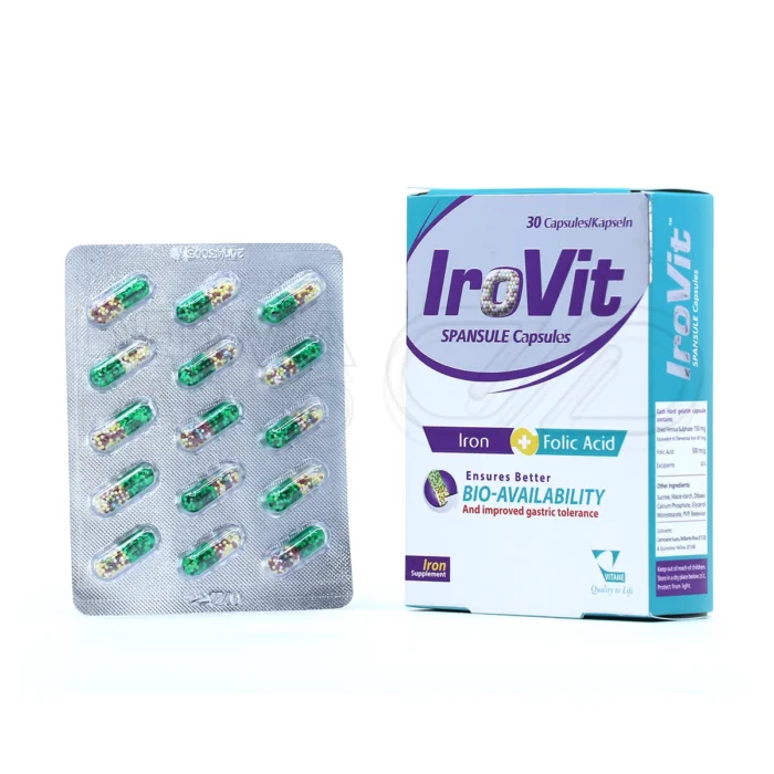 بسته کپسول آیروویت ویتان، حاوی سولفات آهن و اسید فولیک، پیشگیری از کم خونی، مناسب بارداری، کاهش خستگی