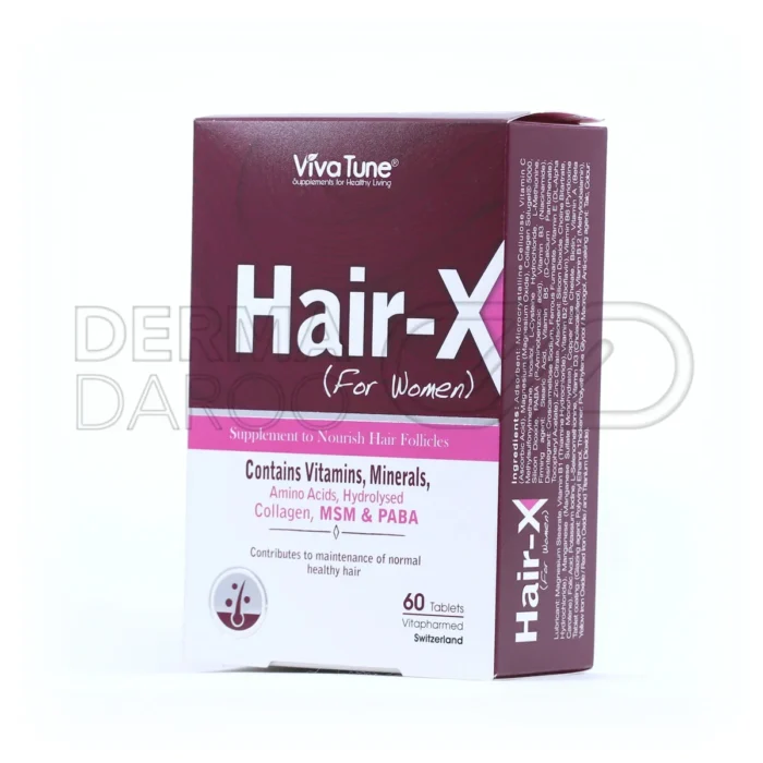 قرص هیرایکس بانوان شامل آمینو اسیدها و ویتامین ب برای تقویت قوای پوست و جلوگیری از خشکی