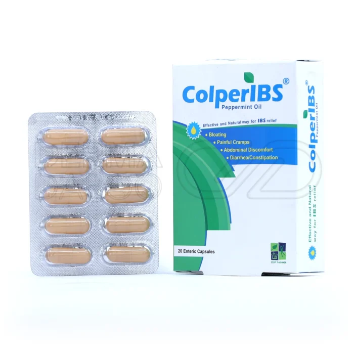 zist-takhmir-colperibs-capsules (1) کپسول کلپریبس زییست تخمیر 20 عددی در بستهبندی سفید با کپسولهای انتریک حاوی 187 میلیگرم روغن نعنا فلفلی برای بهبود نفخ و درد شکمی