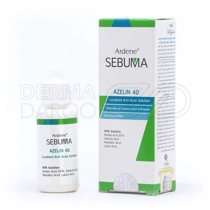 بطری شیشه ای محلول ضد جوش آزلین آردن سبوما با درپوش قطره چکانی و برچسب سفید حاوی اسید آزلئیک ۲۰ درصد و ژل آلوئه ورا برای درمان آکنه