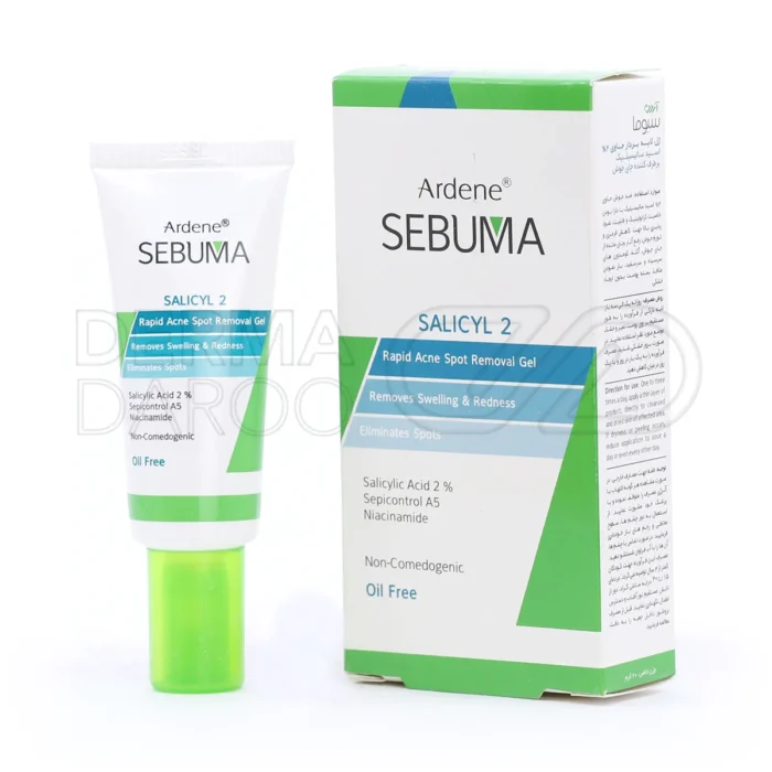 ardene-sebuma-salicyl-2-rapid-acne-spot-removal-gel (1) بسته بندی ژل لایه بردار برطرف کننده جای جوش سبوما آردن در تیوب سفید ۳۰ میلی لیتر با درپوش مشکی و برچسب آبی حاوی اسید سالیسیلیک ۲ درصد نیاسینامید و آلوئه ورا