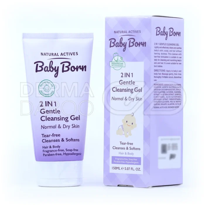 بطری ژل شستشوی سر و بدن کودک بیبی برن با درپوش سفید و برچسب رنگی حاوی عصاره بابونه آلوئه ورا و کالاندولا بدون پارابن