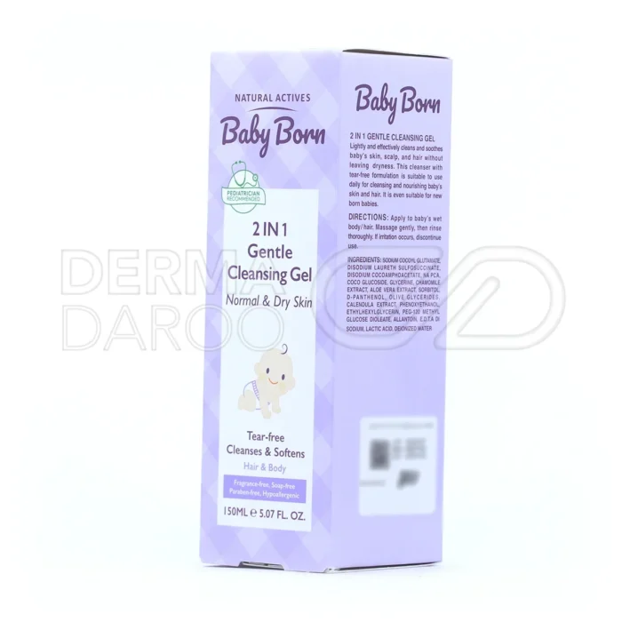 ژل شستشوی ۲ در ۱ بیبی برن با فرمولاسیون ضد حساسیت و پی اچ متعادل فاقد عطر و پارابن برای استفاده روزانه کودکان