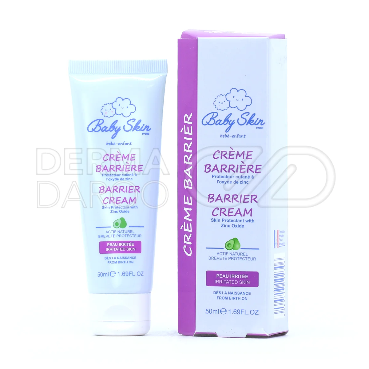 تیوب کرم بریر بیبی اسکین در بسته بندی سفید با برچسب آبی حاوی زینک اکساید و روغن آووکادو برای پیشگیری از ادرار سوختگی نوزادان
