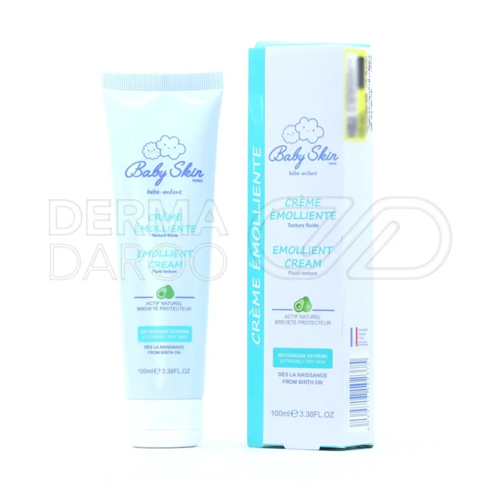 تیوب کرم امولیانت بیبی اسکین در بسته بندی سفید با برچسب سبز حاوی شی باتر و روغن آووکادو برای رفع خشکی پوست کودکان