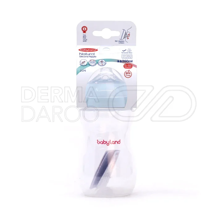 بطری شیرخوری نچرال بیبی لند در بسته بندی شفاف با سرشیشه سیلیکونی نرم و بدنه ارگونومیک، مناسب 6 تا 18 ماه و حجم 260 میلی لیتر